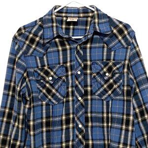 True Religion Mens Plaid Pearl Snap Shirt M Blue Western Rodeo Cowboy Country